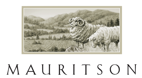 An illustration of a landscape with mountains and trees in the background, featuring two sheep in the foreground, with the word "MAURITSON" written below.