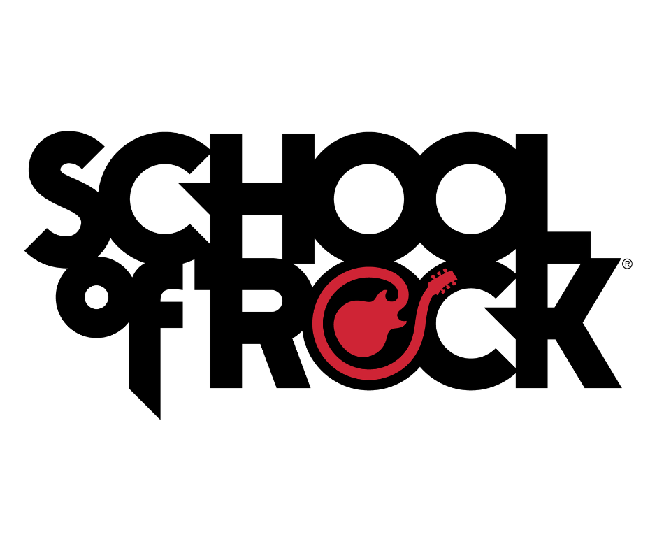 The logo for School of Rock with the words overlapping and a red guitar shape integrated into the design.