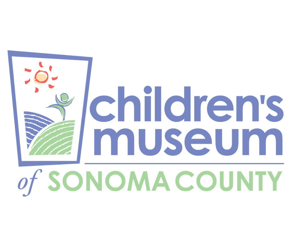 Logo for Children's Museum of Sonoma County featuring a stylized child with arms raised, a sun, and rolling hills in purple, green, and red colors.