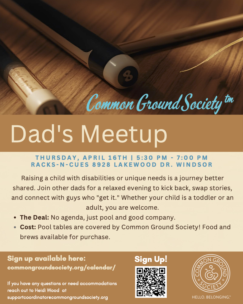 Flyer for a dad's meetup event organized by Common Ground Society, scheduled for Thursday, April 16th from 5:30 PM to 7:00 PM at Racks-n-Cues, Lakewood Drive, Windsor. The flyer features a close-up of pool cues on a wooden table and includes event de