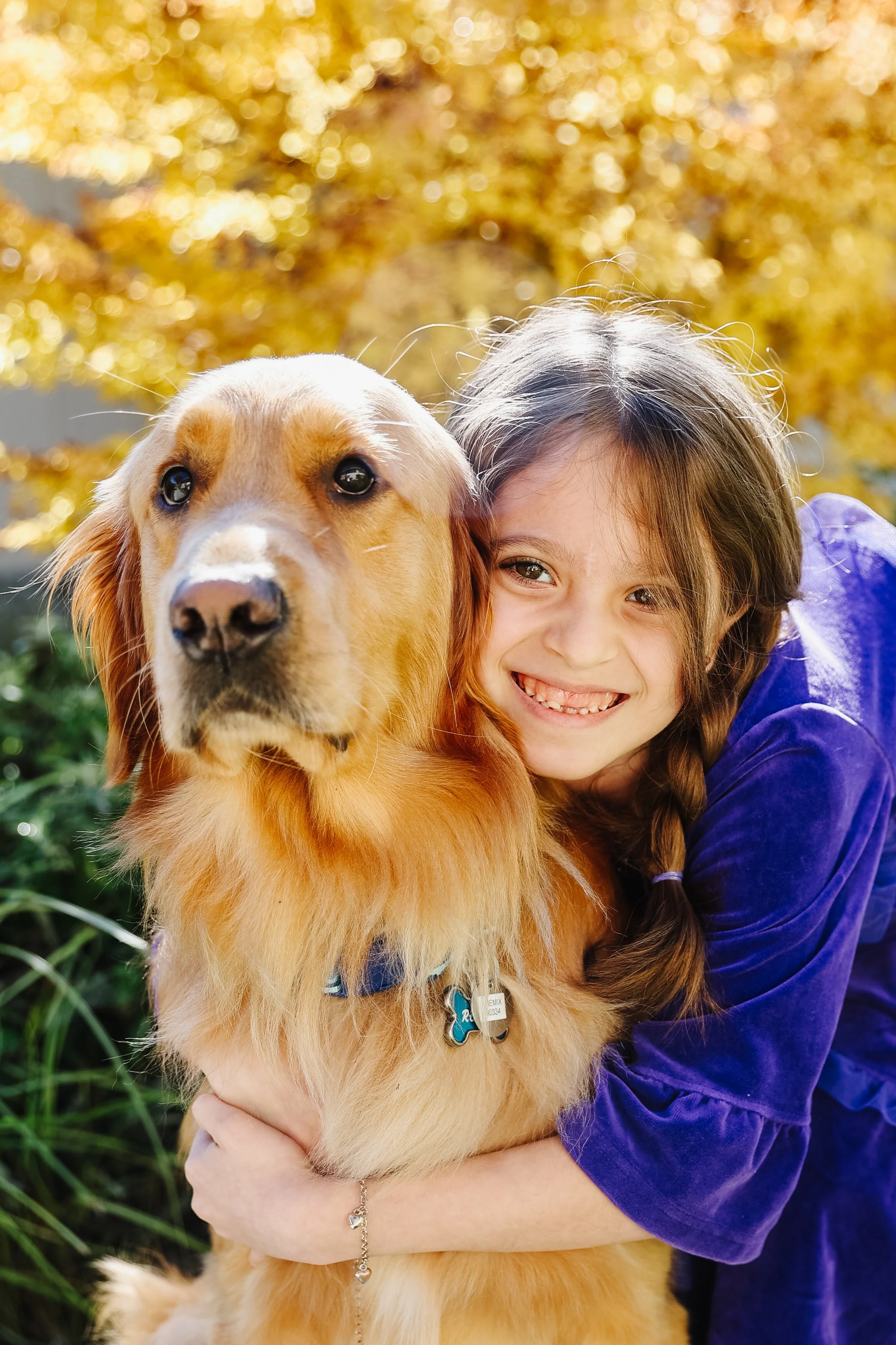 A young girl hugging a golden retriever dog outdoors during autumn with yellow leaves in the background.