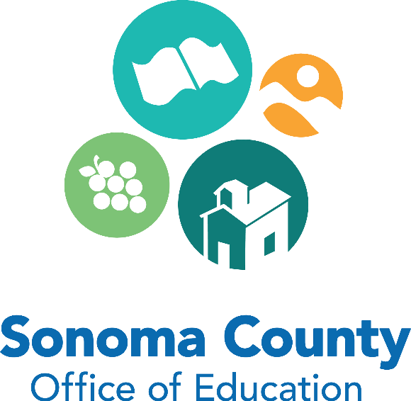 Icons representing a flag, a person hiking, grapes, and a house, with the text "Sonoma County Office of Education."