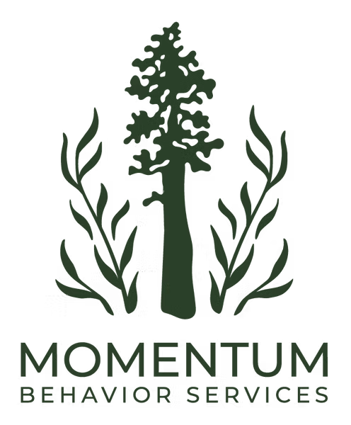 A logo with a large pine tree in the center, surrounded by stylized leafy branches, and the text 'MOMENTUM BEHAVIOR SERVICES' underneath.