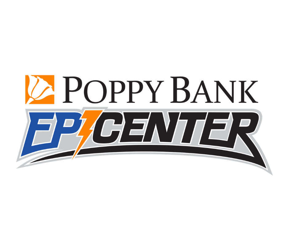Logo for Poppy Bank EP Center with a stylized orange, blue, black, and gray design, adjacent to an orange poppy flower icon.