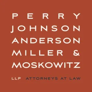 Red background with white text listing law firm names: Perry Johnson Anderson Miller & Moskowitz LLP, Attorneys at Law.