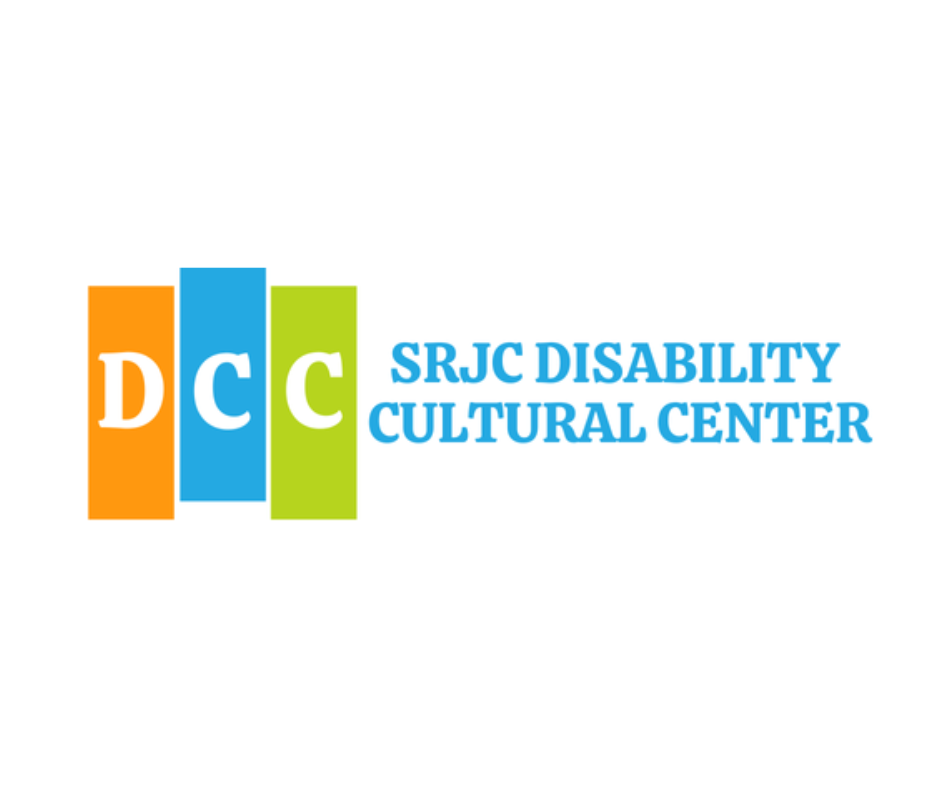 Logo for SRJC Disability Cultural Center with four colored rectangles labeled D, C, and C, and text in blue reading 'SRJC Disability Cultural Center'.
