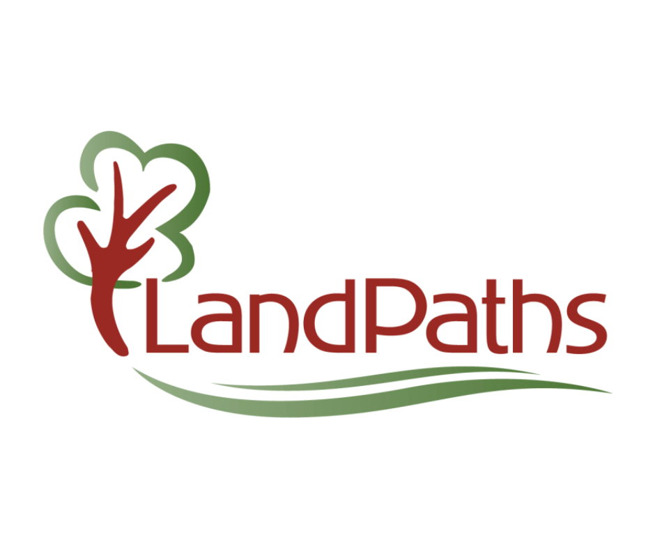 Logo featuring a stylized tree with green leaves and brown trunk next to the word "LandPaths" in maroon color, with two green curved lines underneath.