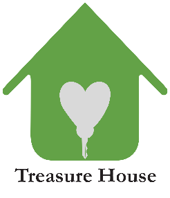 Green house outline with a heart-shaped balloon inside and the words 'Treasure House' beneath it.