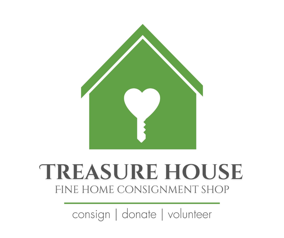 Logo of Treasure House, a green house with a white heart-shaped key in the center, and text about fine home consignments, donation, and volunteering.