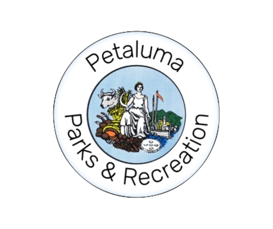 Logo for Petaluma Parks & Recreation featuring a central illustration with a woman, a bull, and nature elements, encircled by text.