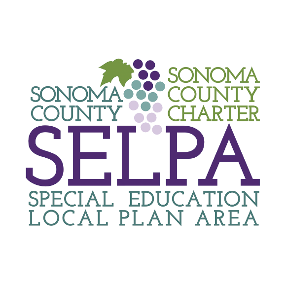 Logo for Sonoma County SELPA with grapes, leaves, and text emphasizing Sonoma County Charter and Special Education Local Plan Area.