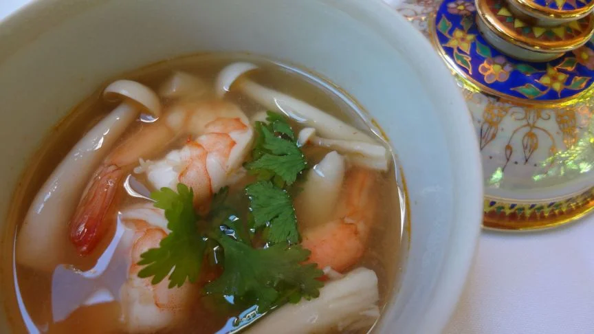 Tom Yum Goong: Hot and Sour Soup with Clamshell Mushroom and Prawns
