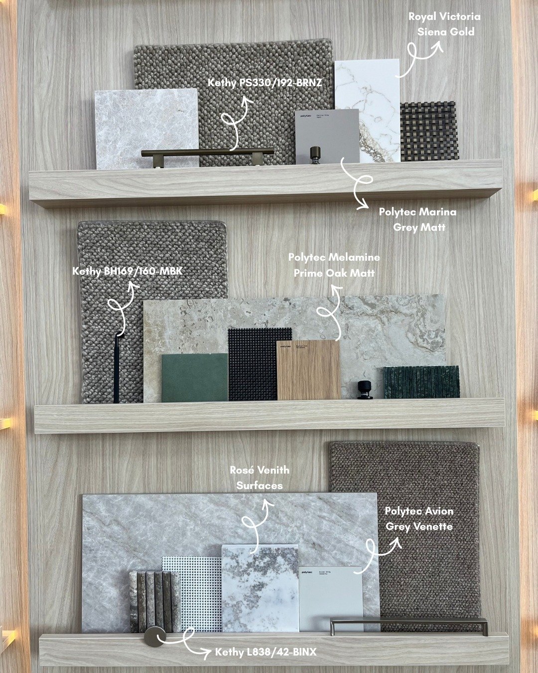 Three moods🤎
Three ways to fall in love with a palette.

Warm neutrals up top, with soft stone, woven bronze detailing and a touch of Siena gold running through. A richer, earthier mix in the middle - deep green and black textures against warm oak g