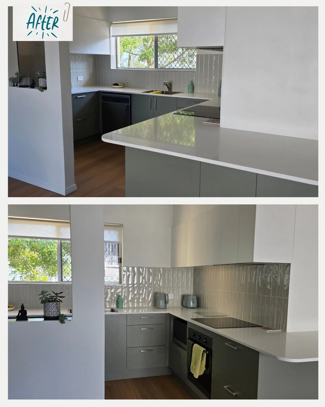 From tired to transformed ✨ 

This kitchen went from dated 90s laminate and a black benchtop to soft sage cabinetry, a crisp white stone top and textured tiles that catch the light. Swipe to see the before👉

Dreaming of a kitchen like this? 📩 

Mes