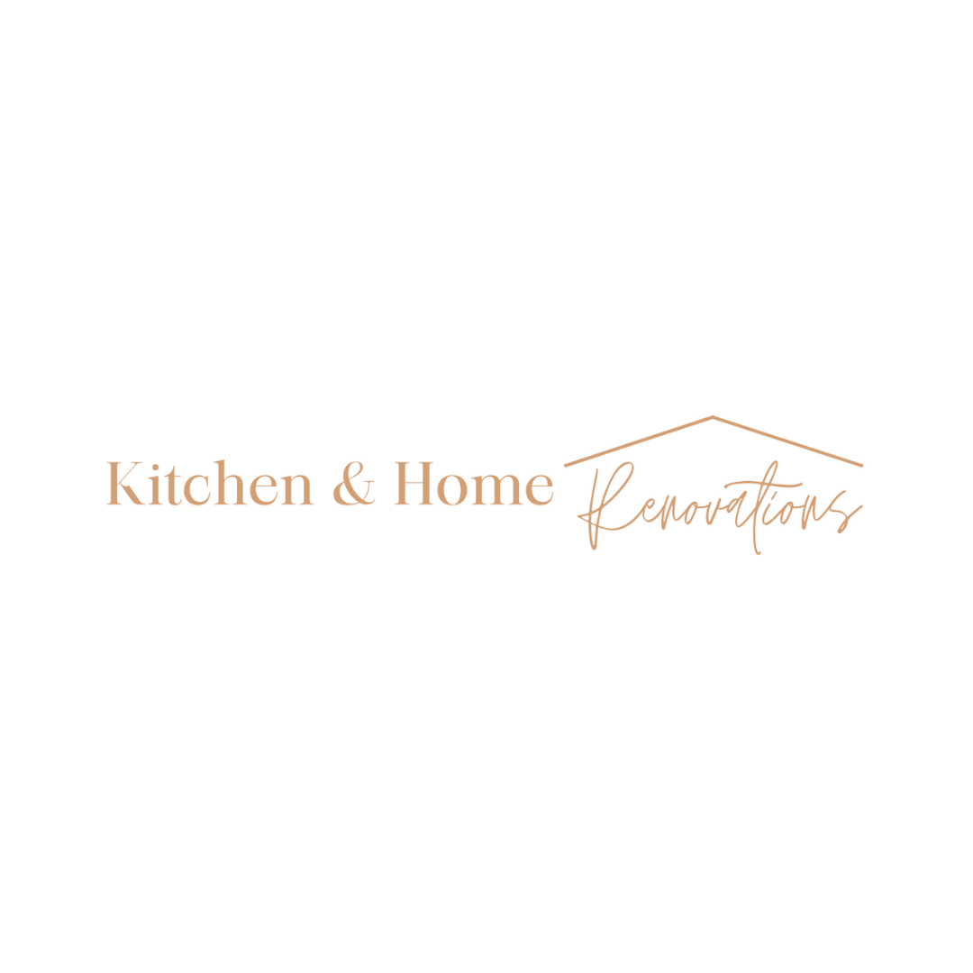 Logo with the text 'Kitchen & Home Renovations' in soft brown, with a simple line drawing of a house above the word 'Renovations'
