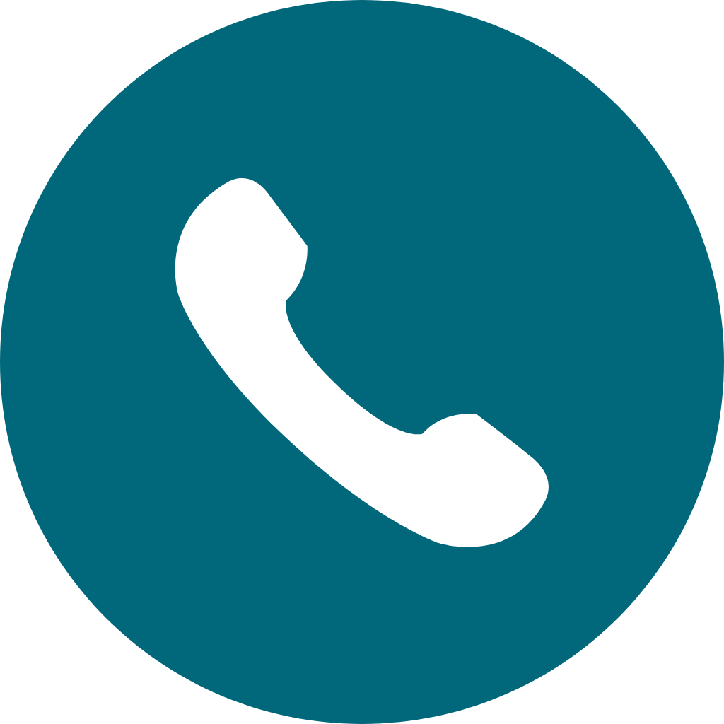 Icon of a telephone handset in white on a dark teal circular background.