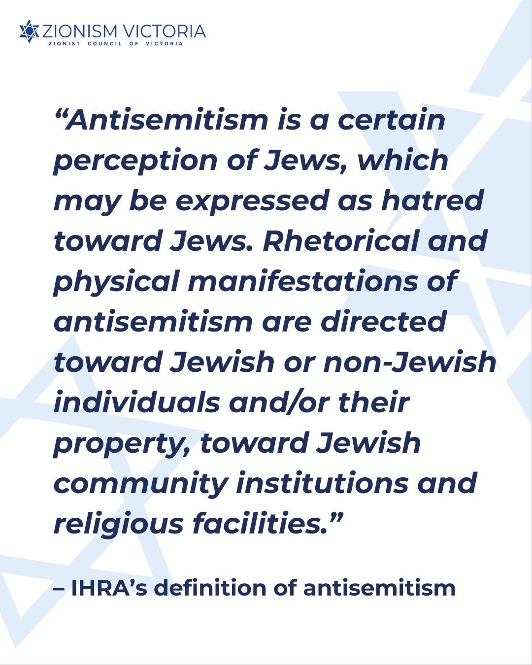 We welcome the use of IHRA&rsquo;s definition of antisemitism in the Royal Commission on Antisemitism and Social Cohesion. 

Criticising the government of Israel is not antisemitic. Full stop.

The International Holocaust Remembrance Alliance (IHRA) 