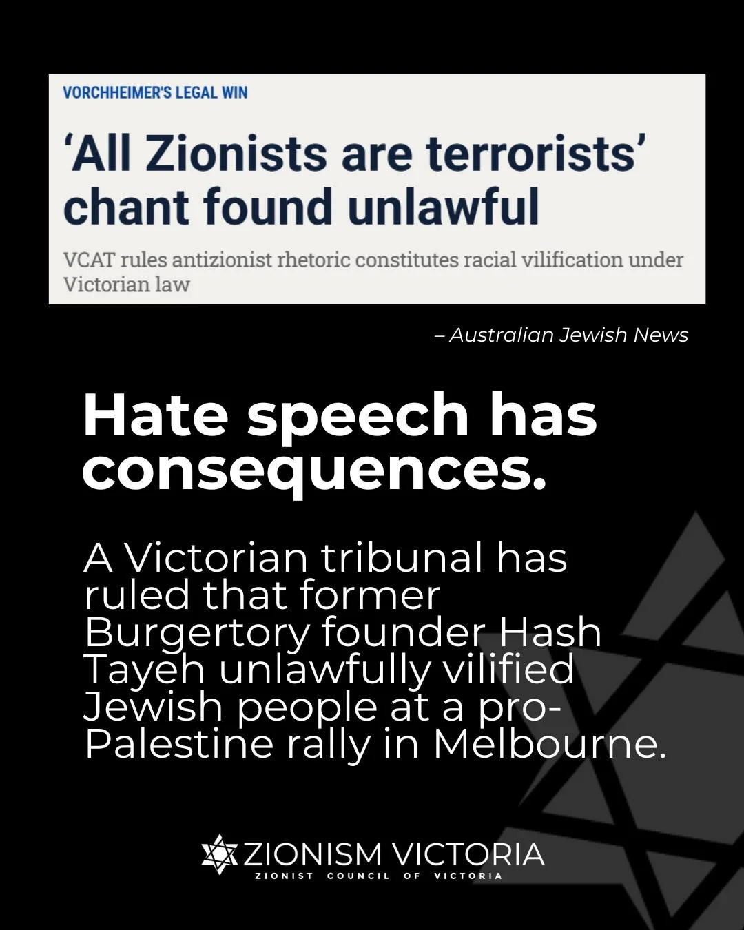Targeting Jewish Australians under the guise of political protest is not protected speech. It reinforces that Zionists - the overwhelming majority of Australia's Jewish community - cannot be collectively demonised without consequence.

Freedom of exp