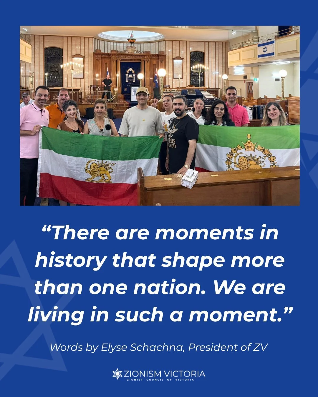 Last night at the Roar of Solidarity gathering right here in Melbourne, Israeli and Iranian flags stood side by side. 

For generations, Jews and Persians have shared history, culture and connection. Today, we stand together in solidarity with the br