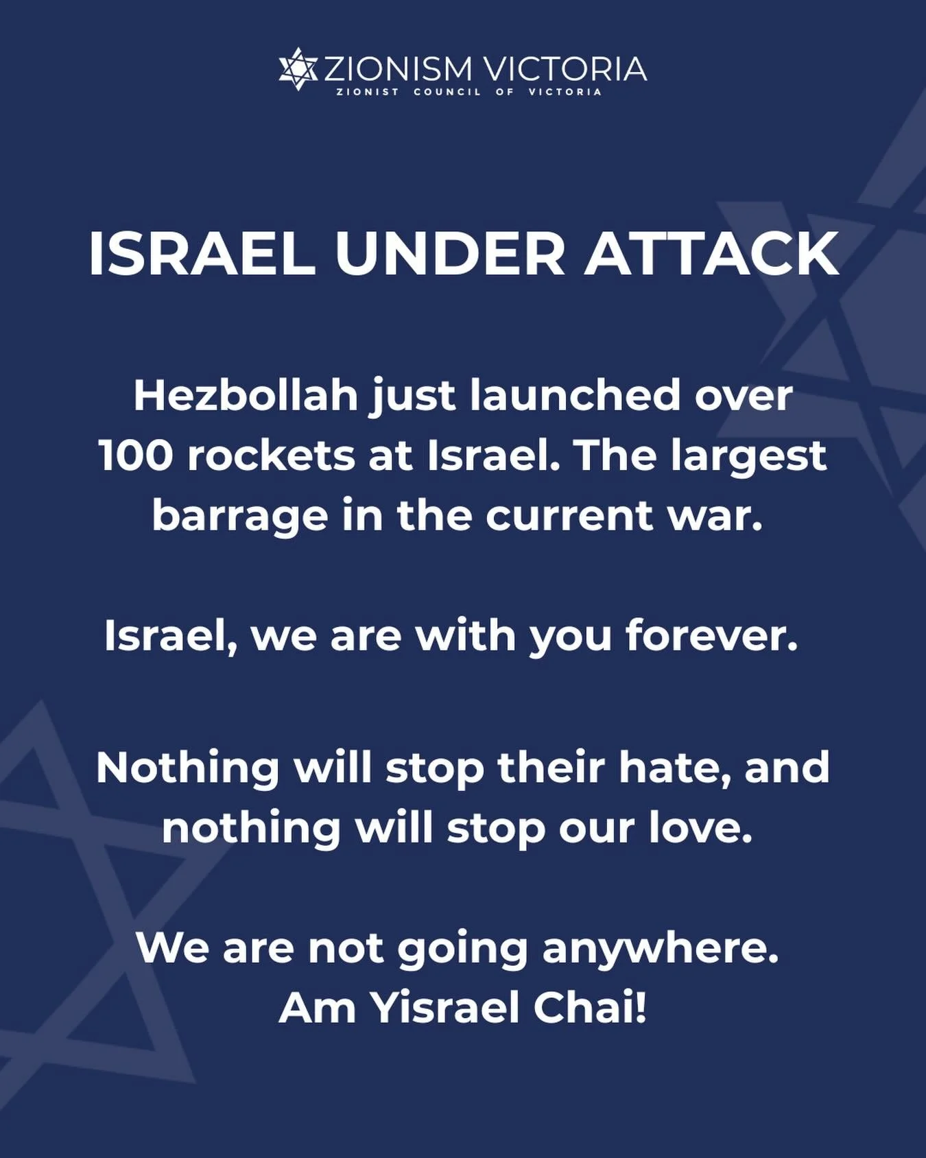 Israel is currently facing a dual-front escalation, with heavy rocket fire from Hezbollah in the north and direct threats from Iran. We are thinking of our brave brothers and sisters in Israel. 

We are not going anywhere. Hashem is with us. 

Am Yis