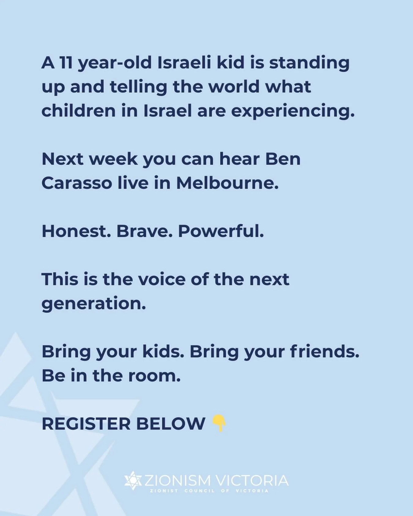 Join us to hear Ben Carasso, the &ldquo;Spokeskid of Israel&rdquo; 🇮🇱 @bencarasso 

📅 Thursday 19 March
🕖 7:15pm

🎟 Register:
https://events.humanitix.com/the-spokeskid-of-israel-ben-carasso