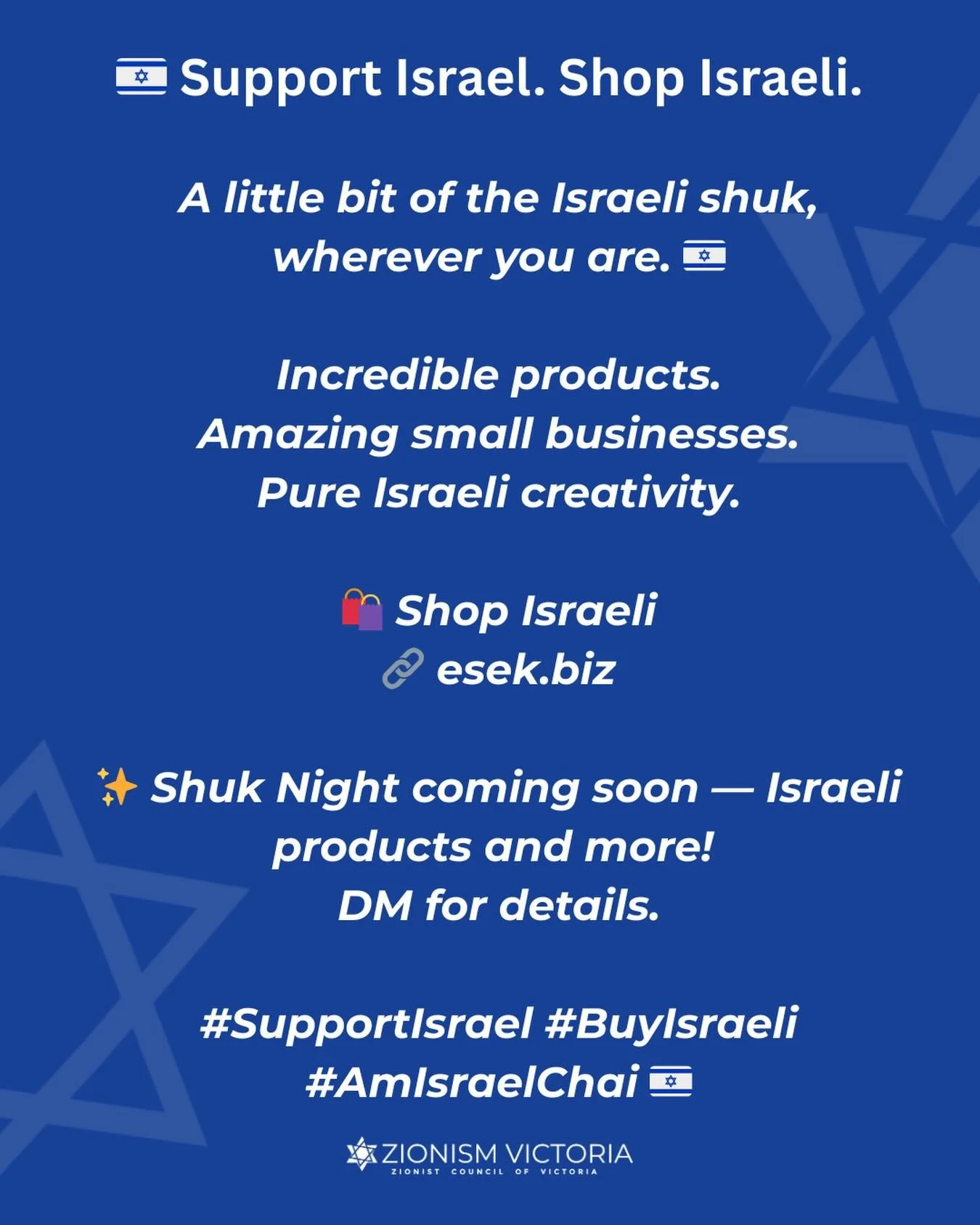 Shuk energy.
Israeli small businesses. 🇮🇱

Now shipping worldwide.

🛍️ Shop Israeli
🔗 esek.biz

✨ Shuk Night coming soon.
DM us for details.

#SupportIsrael #BuyIsraeli #AmIsraelChai 🇮🇱