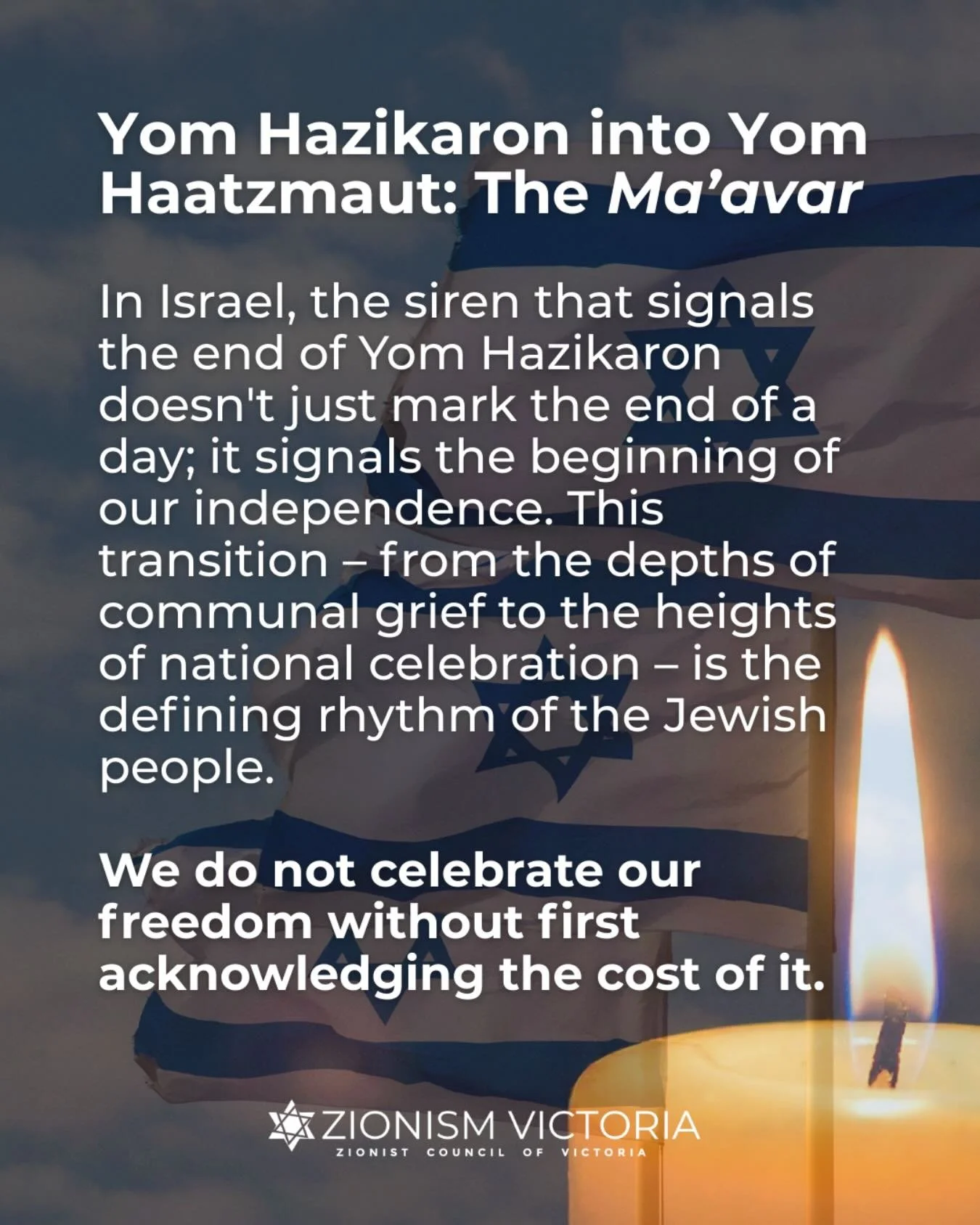 What do we mean when we say Ma&rsquo;avar? 

In a single moment, the silence of the siren is replaced by the singing of Hatikvah.&nbsp;
&nbsp;
This is the Ma&rsquo;avar &ndash; the transition. It reminds us that our joy is forever intertwined with ou