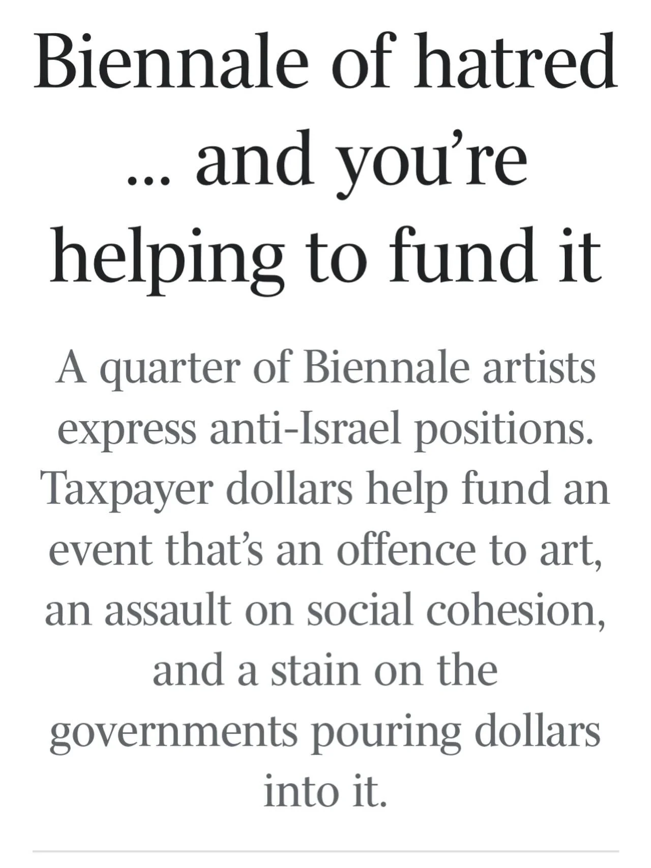 Must-read.

When public funding starts backing spaces that platform division instead of dialogue, it&rsquo;s no longer just art, it&rsquo;s a question of values. 

A brilliant piece by Henry Ergas in @the.australian 

https://www.theaustralian.com.au