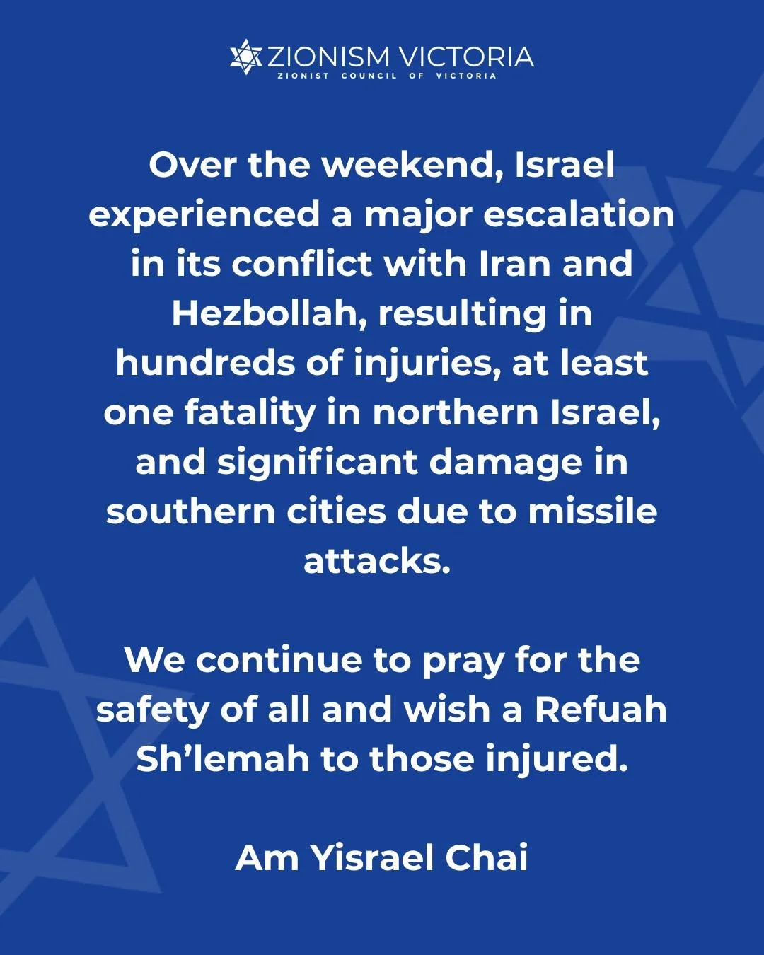 Direct missile hits occurred in the southern cities of Arad and Dimona on Saturday, with further attacks on Sunday.

The Victorian Jewish community wishes for a swift recovery to all those injured and stand with Israel more than ever. Am Yisrael Chai