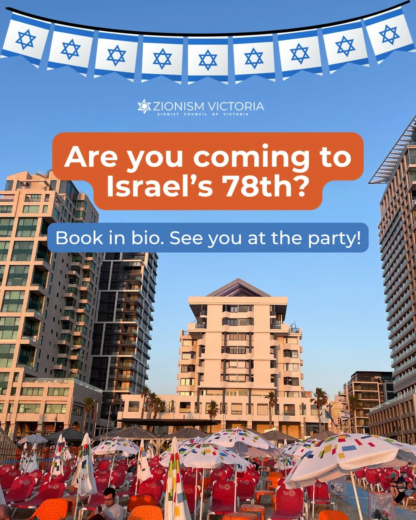 Get ready to wave those flags! 🇮🇱 We are officially counting down to Israel&rsquo;s 78th 🎉

From the beaches to the boulevards, the energy of Tel Aviv is coming to MELBOURNE! 

As we prepare for the ultimate Israel party, run and get your tickets 