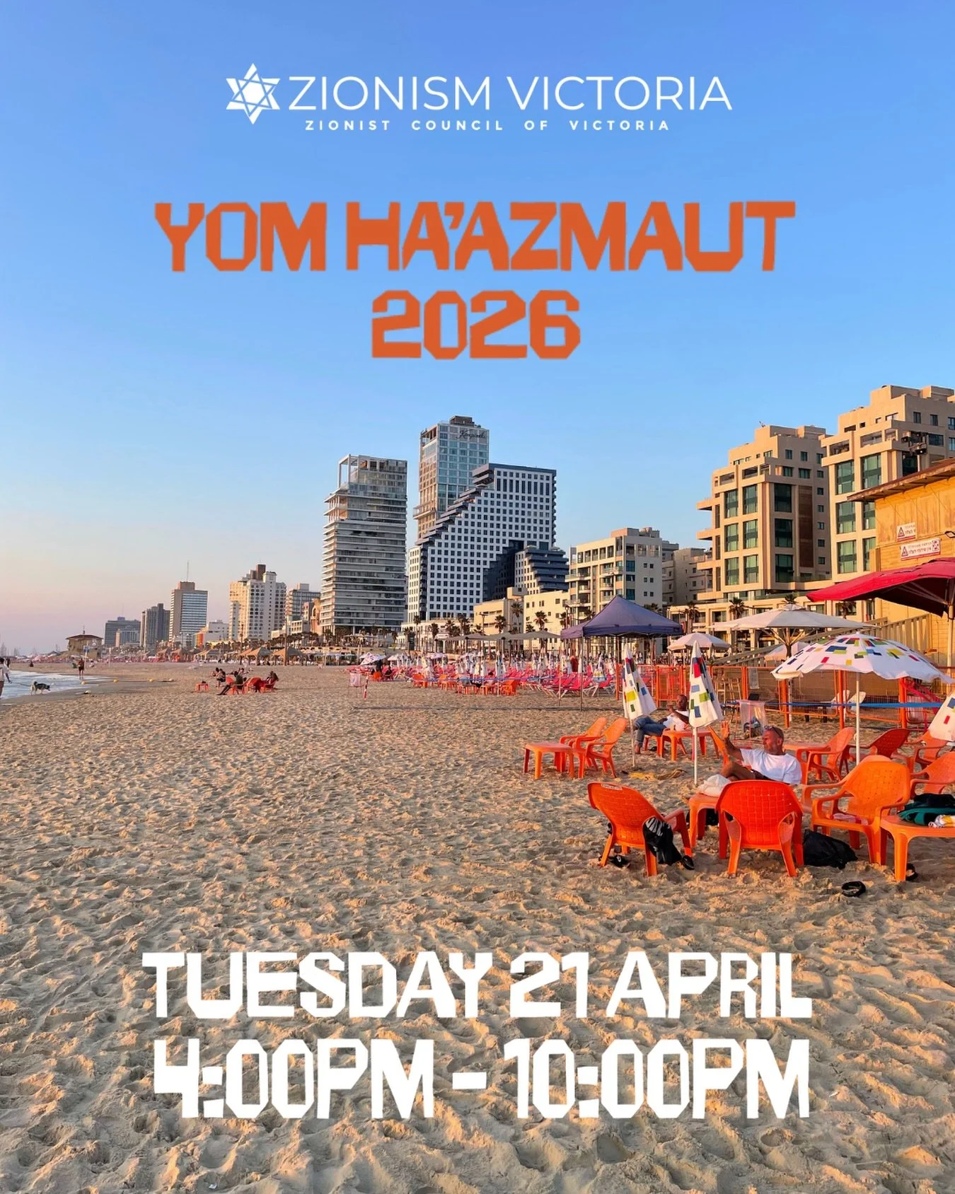 We&rsquo;re bringing the Tel Aviv beach energy straight to our Melbourne community this Yom Ha&rsquo;atzmaut, and you&rsquo;re invited!&nbsp;
&nbsp;
Come feel our unbreakable spirit as we celebrate Israel&rsquo;s 78 incredible years of independence w