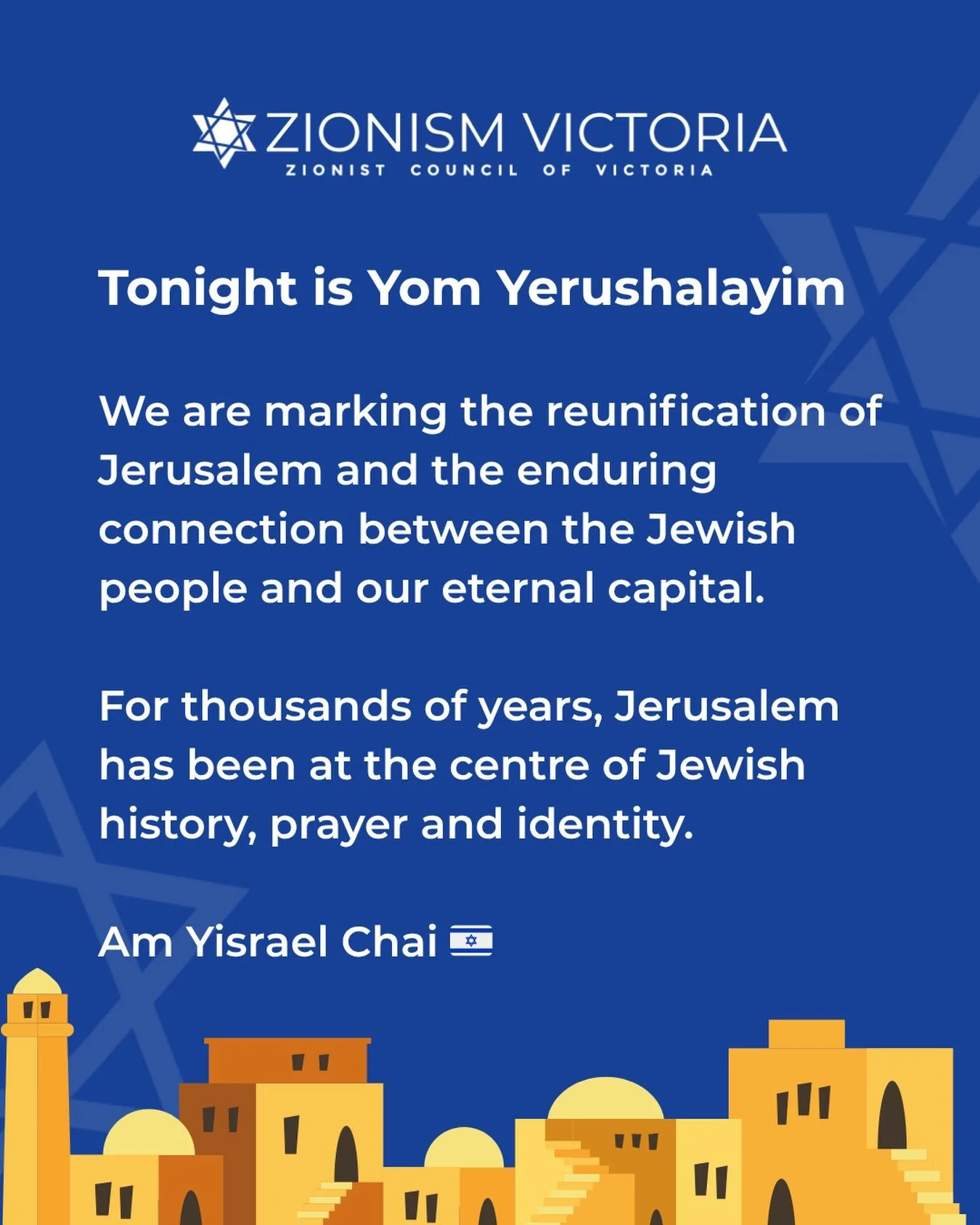 Jerusalem has always been more than a city.

It is the spiritual and historic heart of the Jewish people, woven into our prayers, our memory, and our identity for generations.

On Yom Yerushalayim, we celebrate that unbreakable connection. 💙