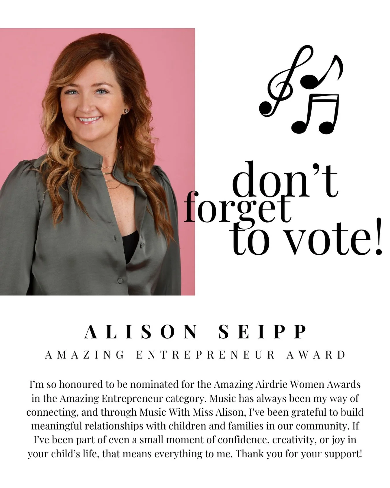 Just a little reminder&hellip;voting closes April 2nd! 💛🎶

I&rsquo;m still feeling so honoured (and in awe) to be nominated as one of the 77 Amazing Airdrie Women for 2026. Being surrounded by so many inspiring women in this community is truly some