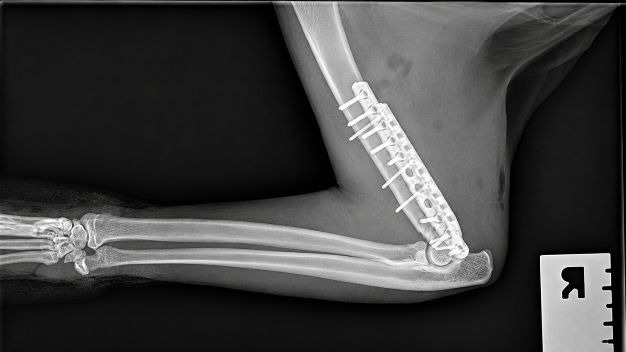 Lateral X-ray of a canine right elbow following orthopaedic surgery with plate and screw fixation.