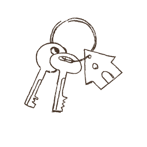 Outline drawing of a key with a cheese-shaped keychain attached.
