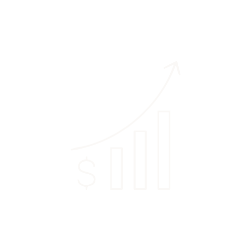 A white line graph on a black background showing upward growth, with a dollar sign and three ascending bars.