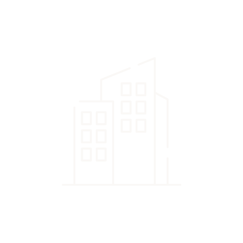 Line drawing of three tall buildings with windows, on a black background.