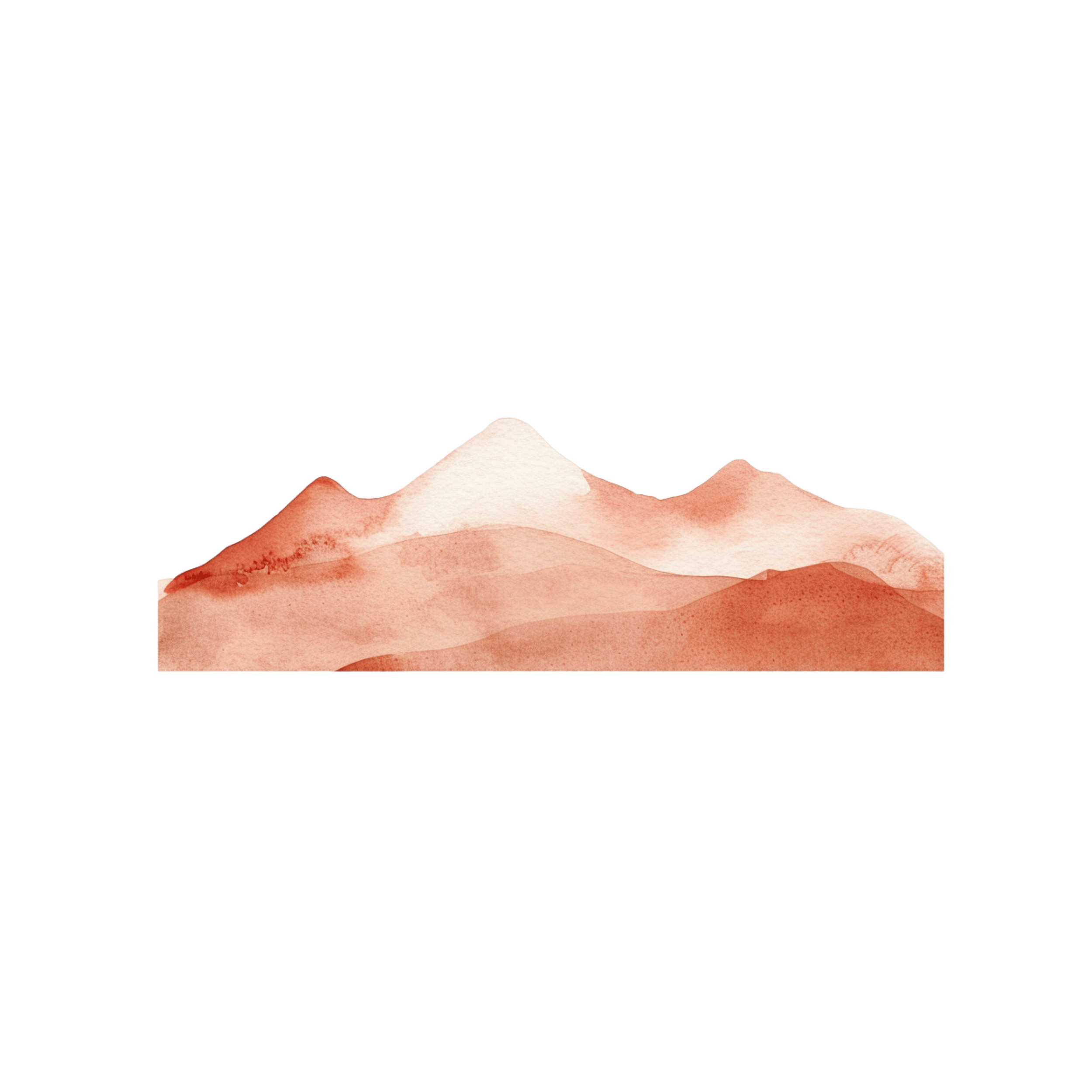 Watercolor illustration of a mountain landscape with multiple peaks, including a snowy white peak in the center and reddish-brown lower slopes.