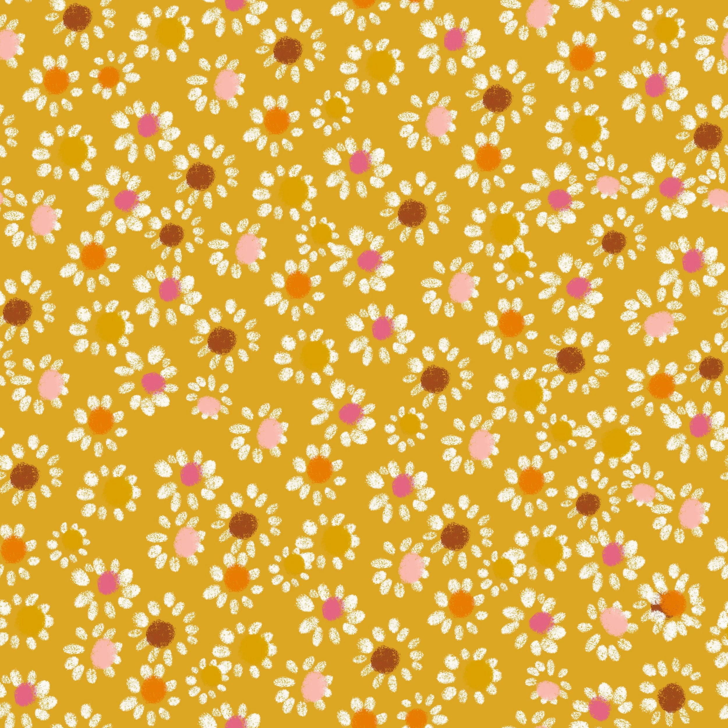 Yellow background with white daisy flowers, pink centers, and brown or orange centers, arranged in a repeating pattern.