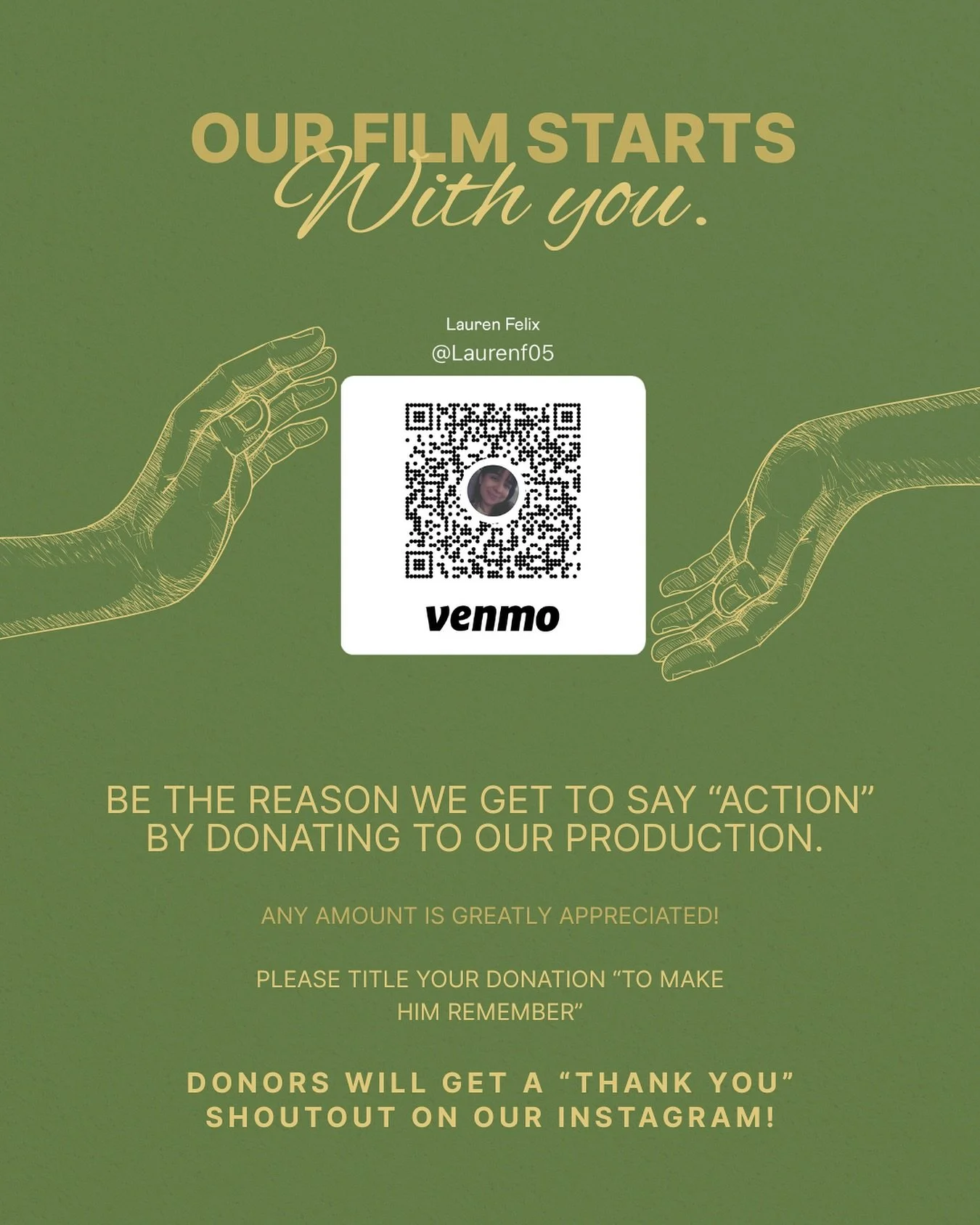 It&rsquo;s almost time to film but we can&rsquo;t do it without you! Every donation of any amount will help us cover production costs and support our cast/crew. In return you will receive a &ldquo;thank you&rdquo; shoutout on our page! 

We are grate