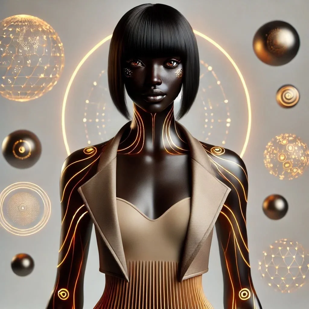 A futuristic digital art portrait of a woman with dark skin and straight black hair, surrounded by glowing geometric and spherical light patterns.