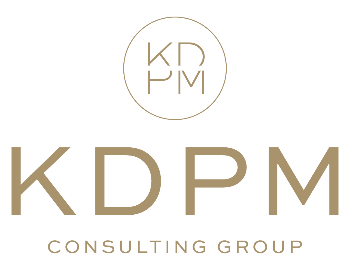 Black background with gold circular logo containing the letters KDPM. Below, large gold text reads "KDPM" and smaller gold text underneath says "Consulting Group."