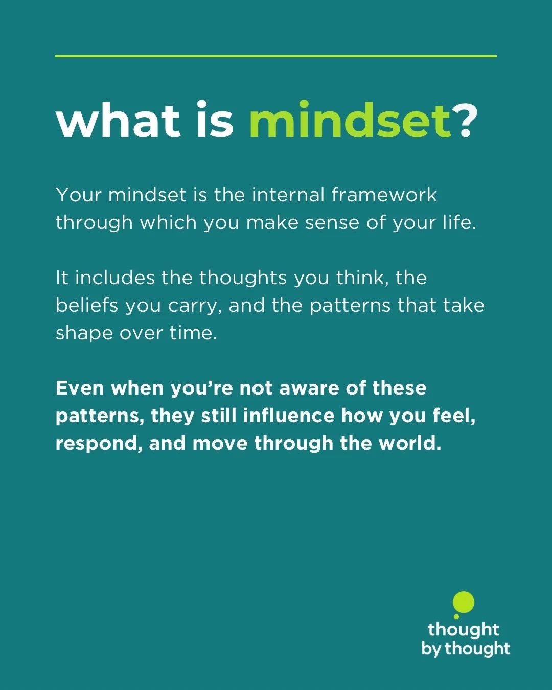Your mindset is the driving force behind your emotions, behaviors, and choices. It quietly shapes how you see yourself and the world around you. 

What is shaping your mindset? 

#changeyourmindset 
#changeyourlife
#thoughtbythought