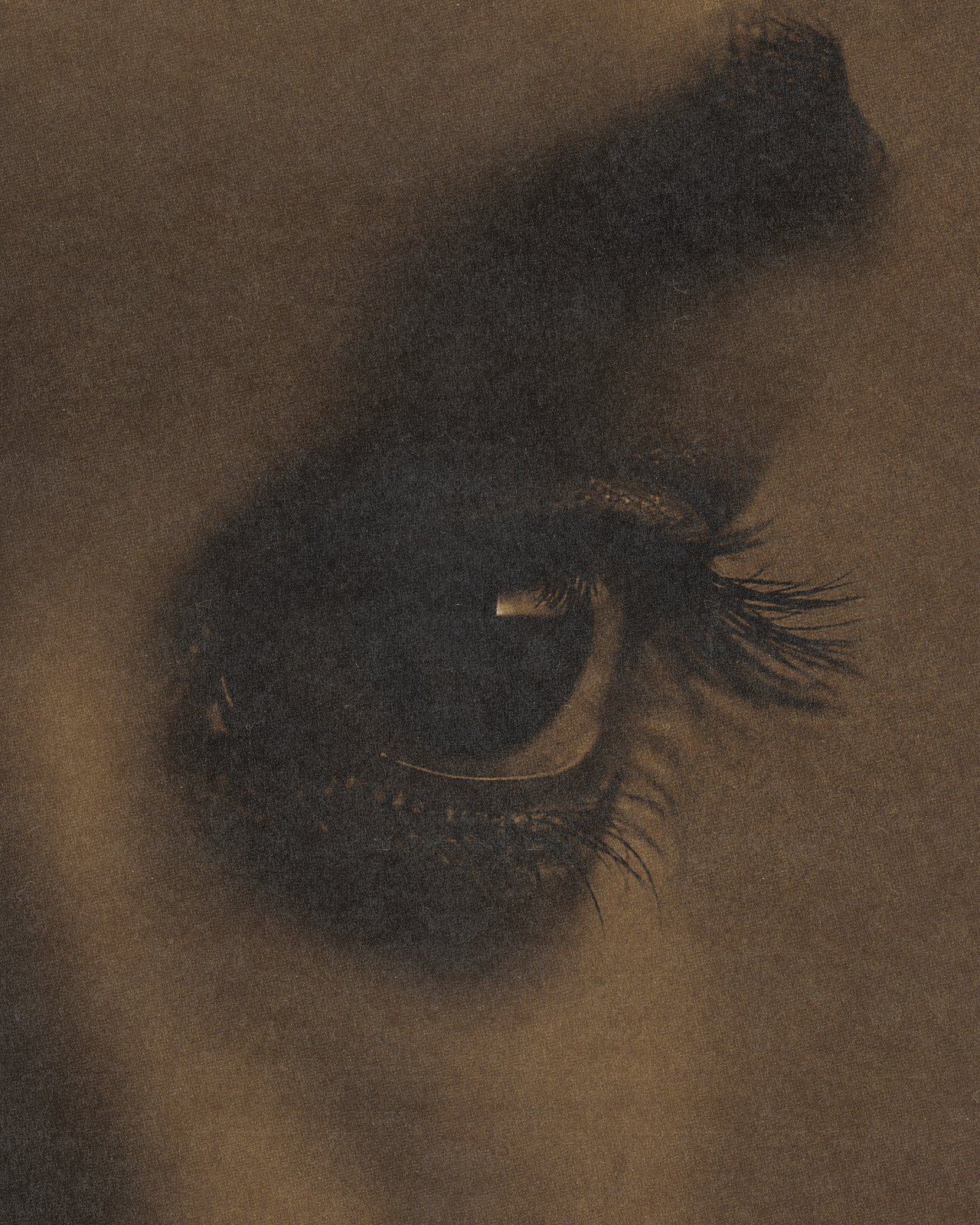 Close-up of a human eye with long eyelashes and dark eye makeup.