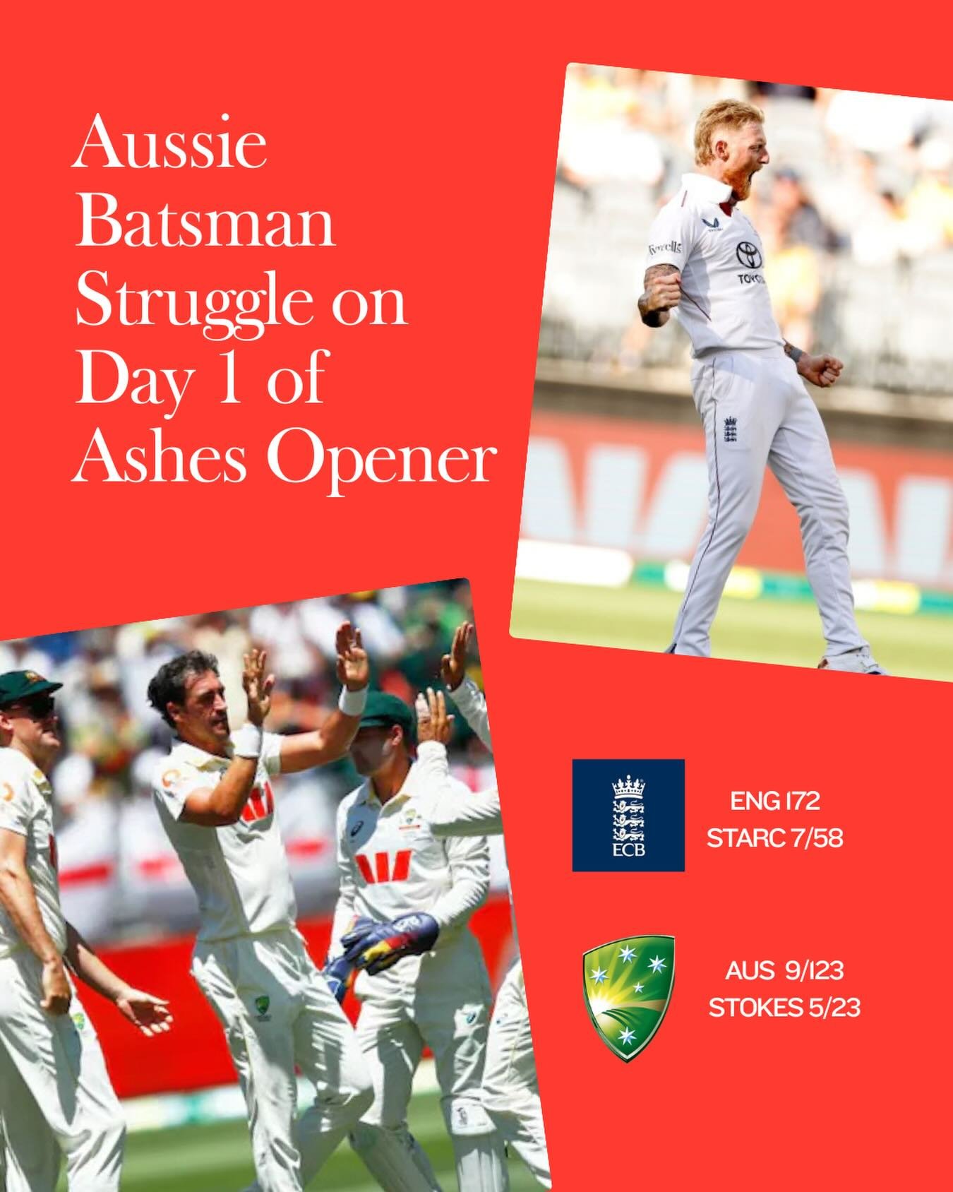 Ashes 1st Test Day 1
Aussie batting falters, Starc and Stokes shine