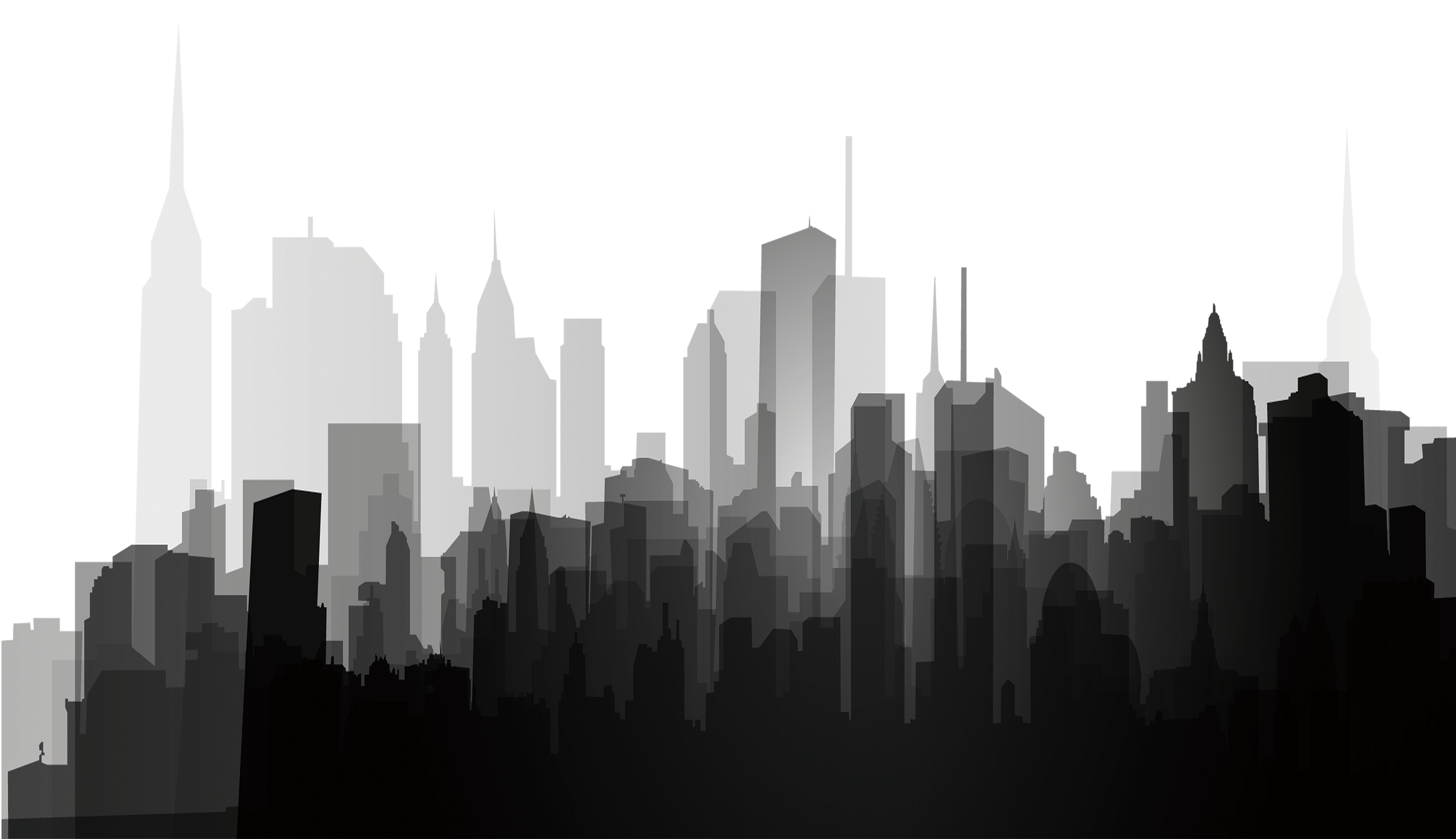 Black, white, and gray digital illustration of a city skyline with various tall skyscrapers.