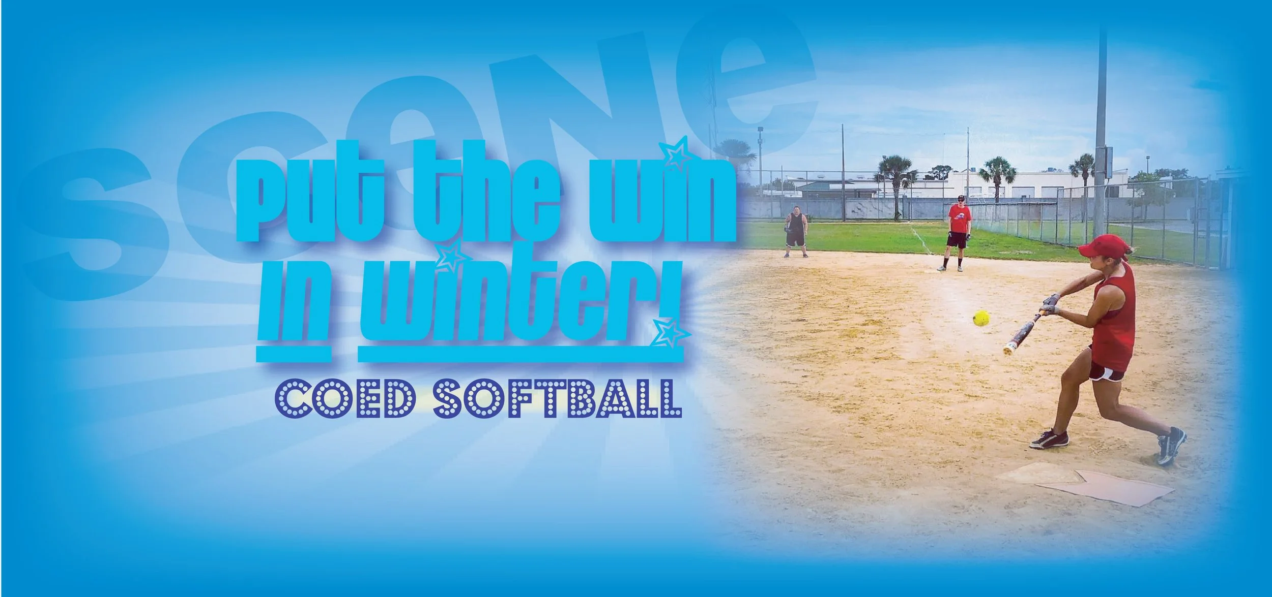 A young girl in red sportswear, wearing a red cap, is hitting a yellow softball with a bat on a softball field during daytime. Other players are visible in the background, and the field is surrounded by a chain-link fence, with a clear sky overhead.