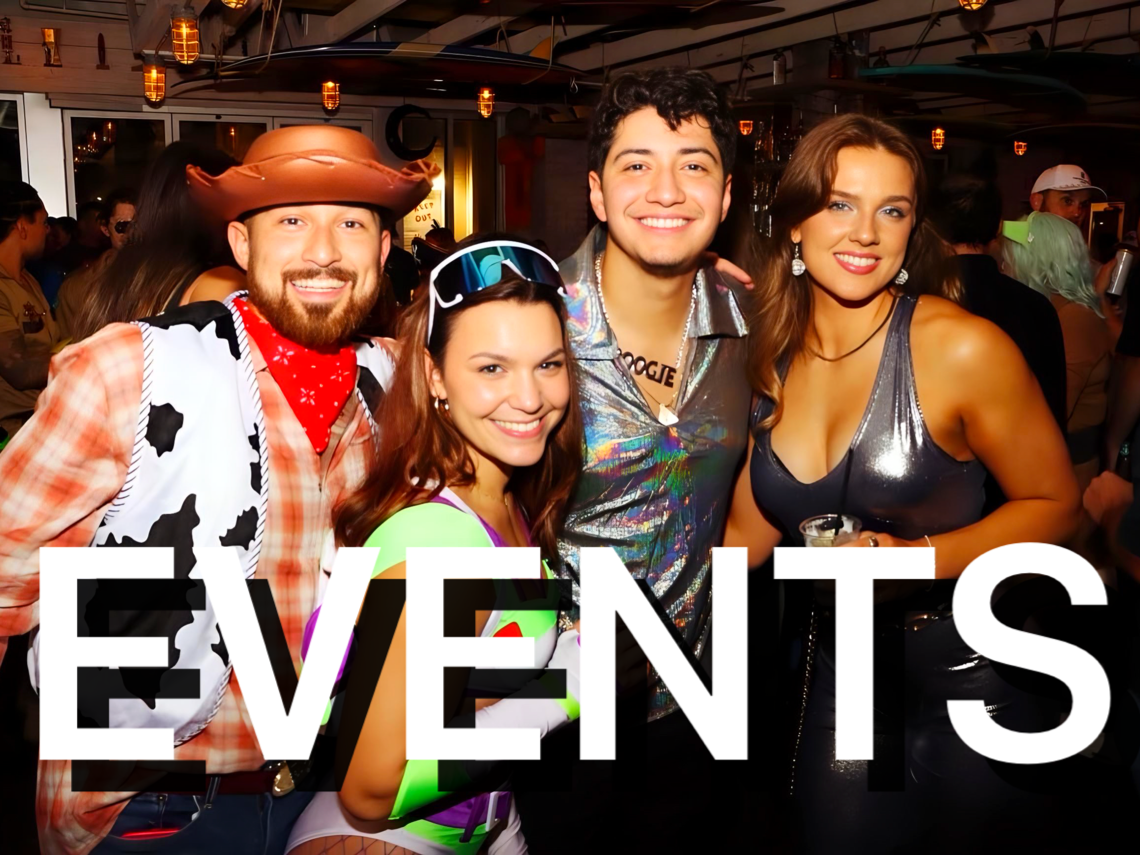 Group of four young adults dressed in costumes at a party, with the word 'EVENTS' overlaid in large white letters.