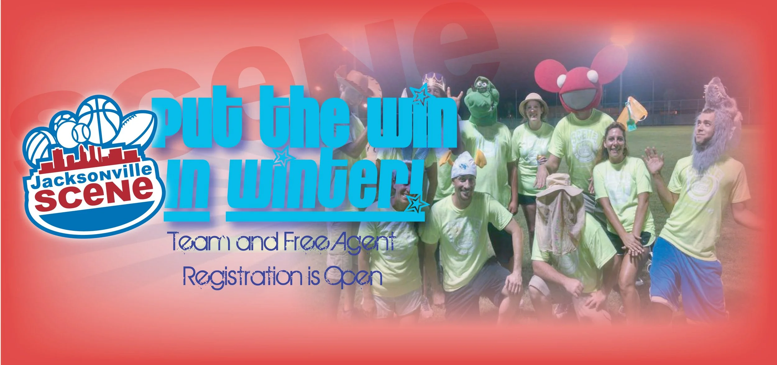 Promotional graphic for Jacksonville Scene's summer team and free agent sports event, featuring a group of people in sports attire and mascot costumes on a field at night, with text overlaying the image.