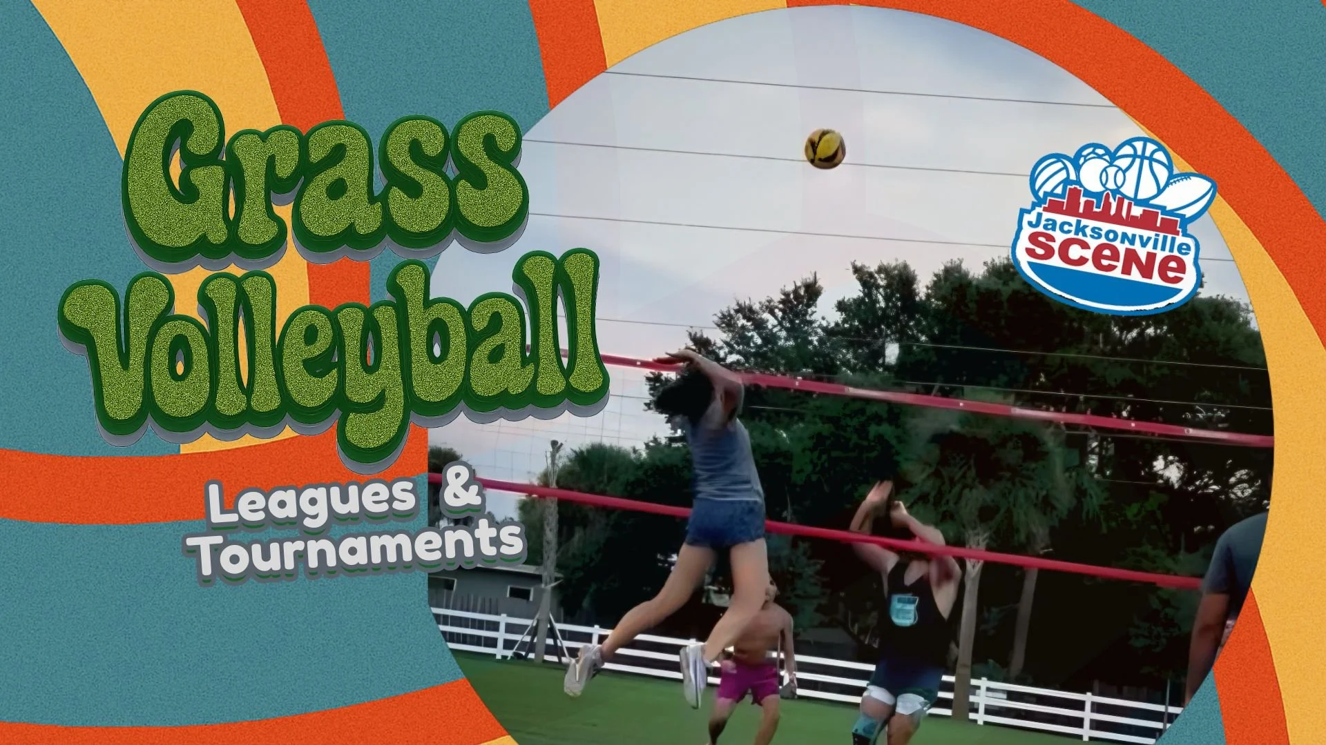 An outdoor volleyball game with players jumping to hit the ball over a net. Trees and a white fence are visible in the background.